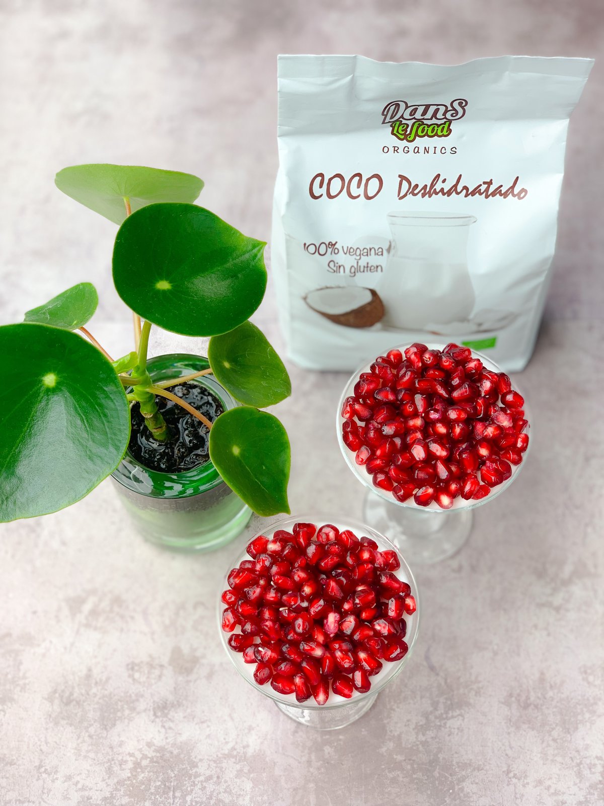 Panna cotta de coco servida en copa de vidrio con perlas de granada roja decorando la superficie